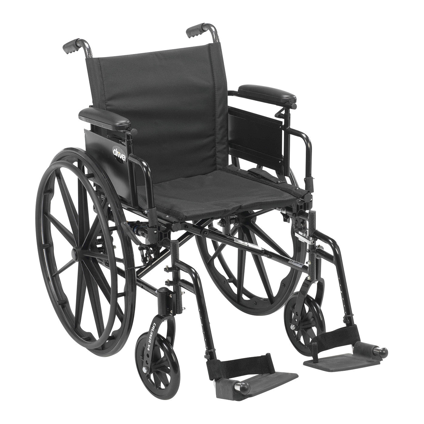 Drive Medical Cruiser X4 Wheelchair with Full Arms and Elevating Leg Rests, featuring black seat, armrests, and large rear wheels.
