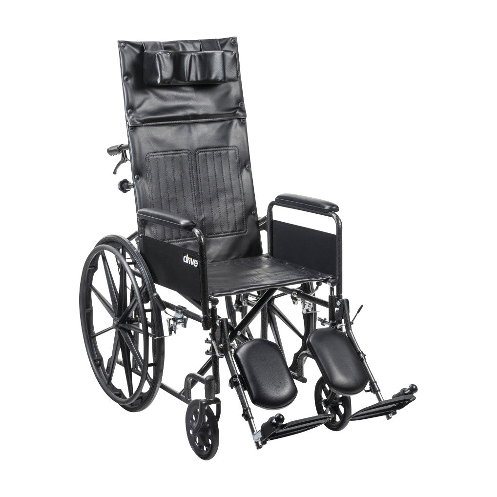 Drive Medical Silver Sport Full-Reclining Wheelchair with Full Arms features a high back, padded leg supports, and large rear wheels.