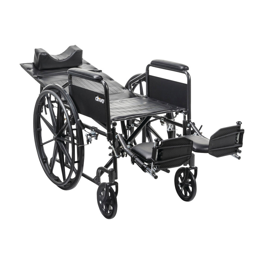 Drive Medical Silver Sport Full-Reclining Wheelchair with Full Arms, featuring elevated leg rests and a contoured headrest.
