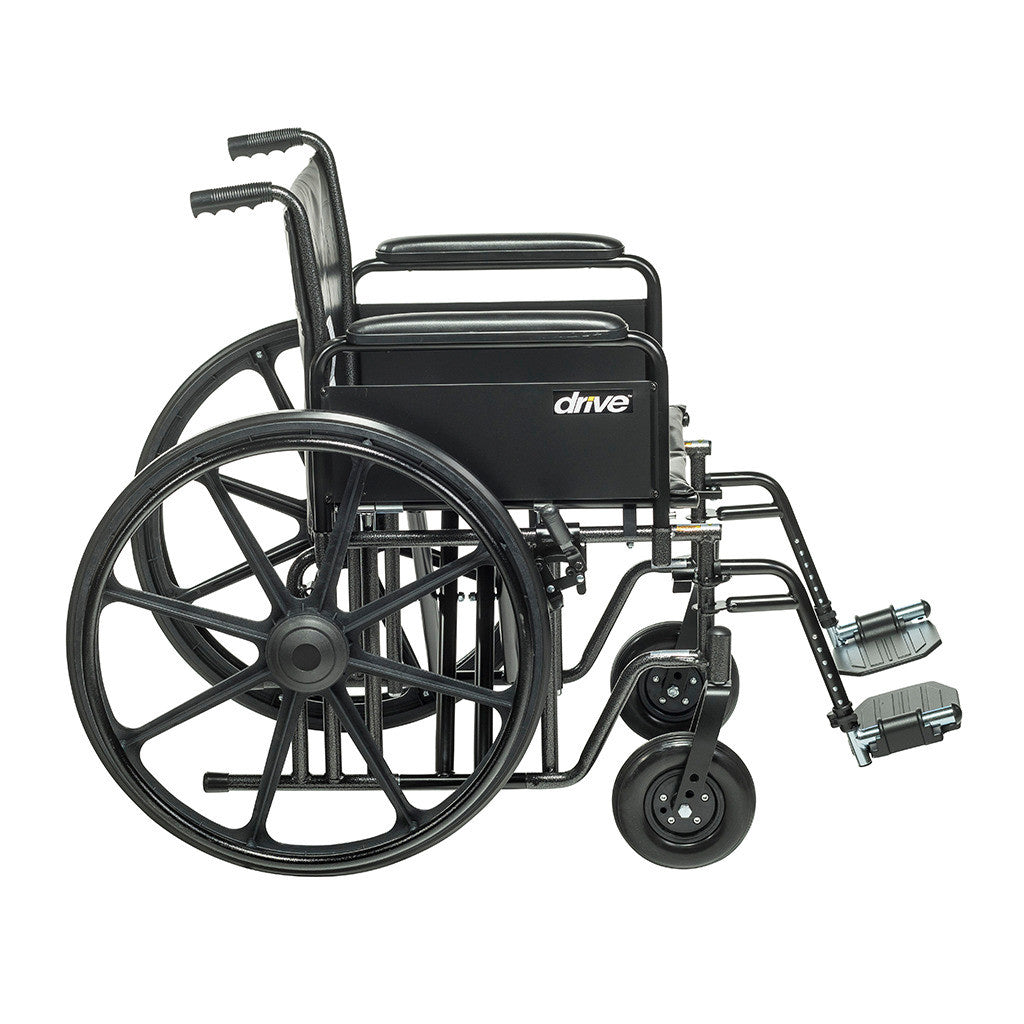 Drive Medical Sentra EC Heavy-Duty Wheelchair with Full Arms and Swing-Away Footrests, shown in side view with black frame.