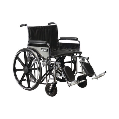 The Drive Medical Sentra EC Heavy-Duty Wheelchair features full arms and elevating leg rests, designed for durability and comfort.