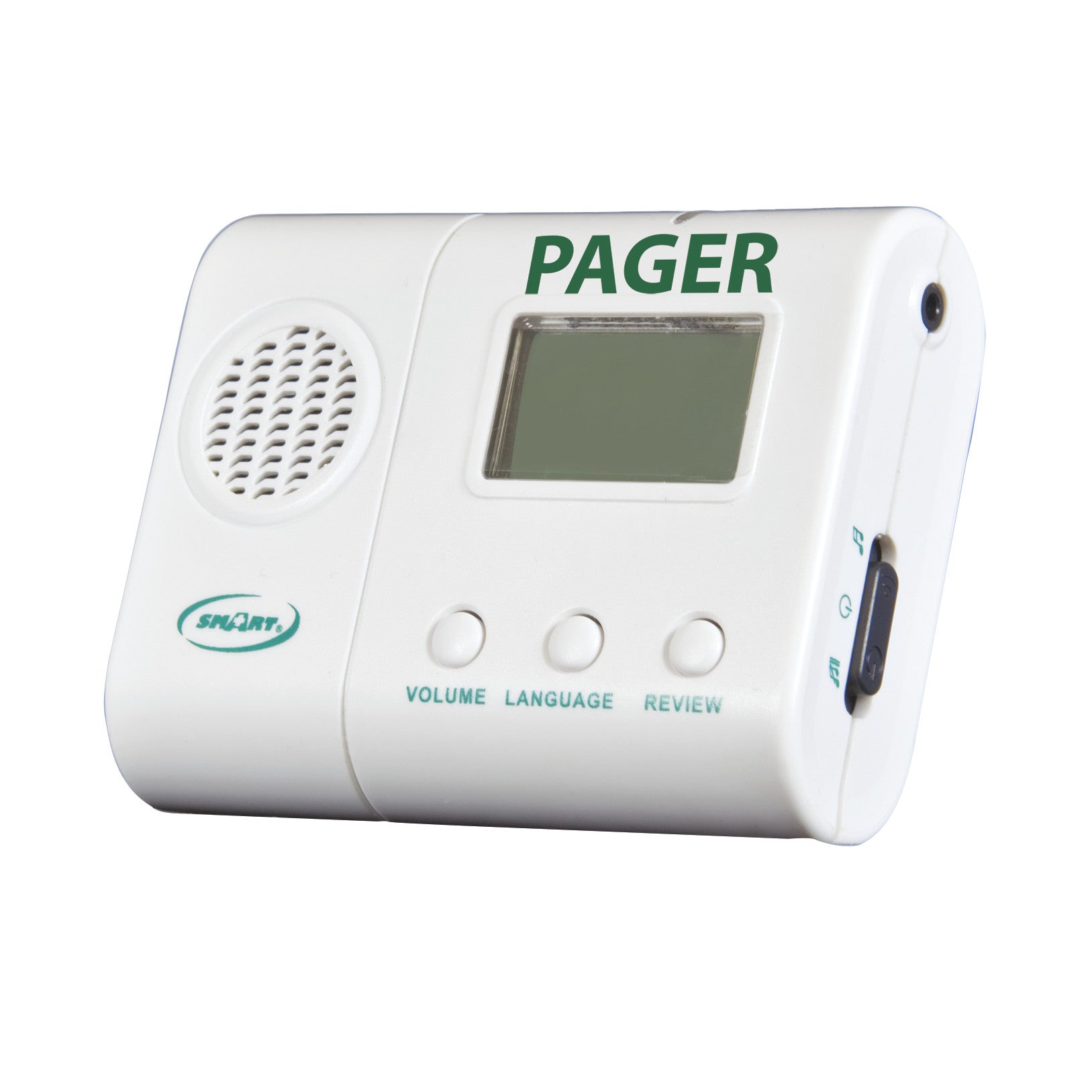 The Caregiver Pager for Smart Caregiver Quiet Wireless Economy Bed/Chair Exit Alarm is a white device with buttons and a small screen.