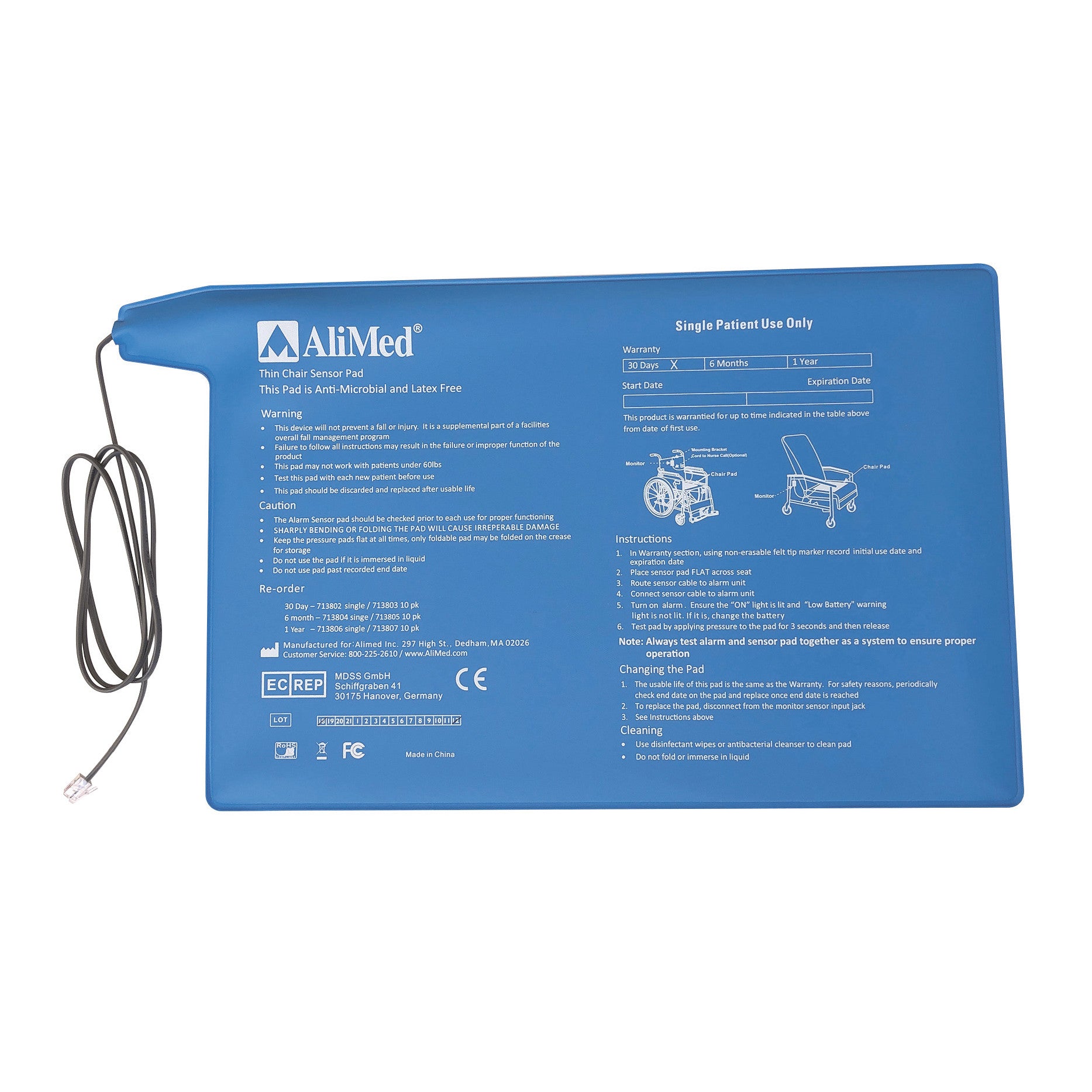 AliMed Corded Chair Pressure Sensor Pad is a blue, anti-microbial, latex-free pad with printed instructions and a connecting cable.