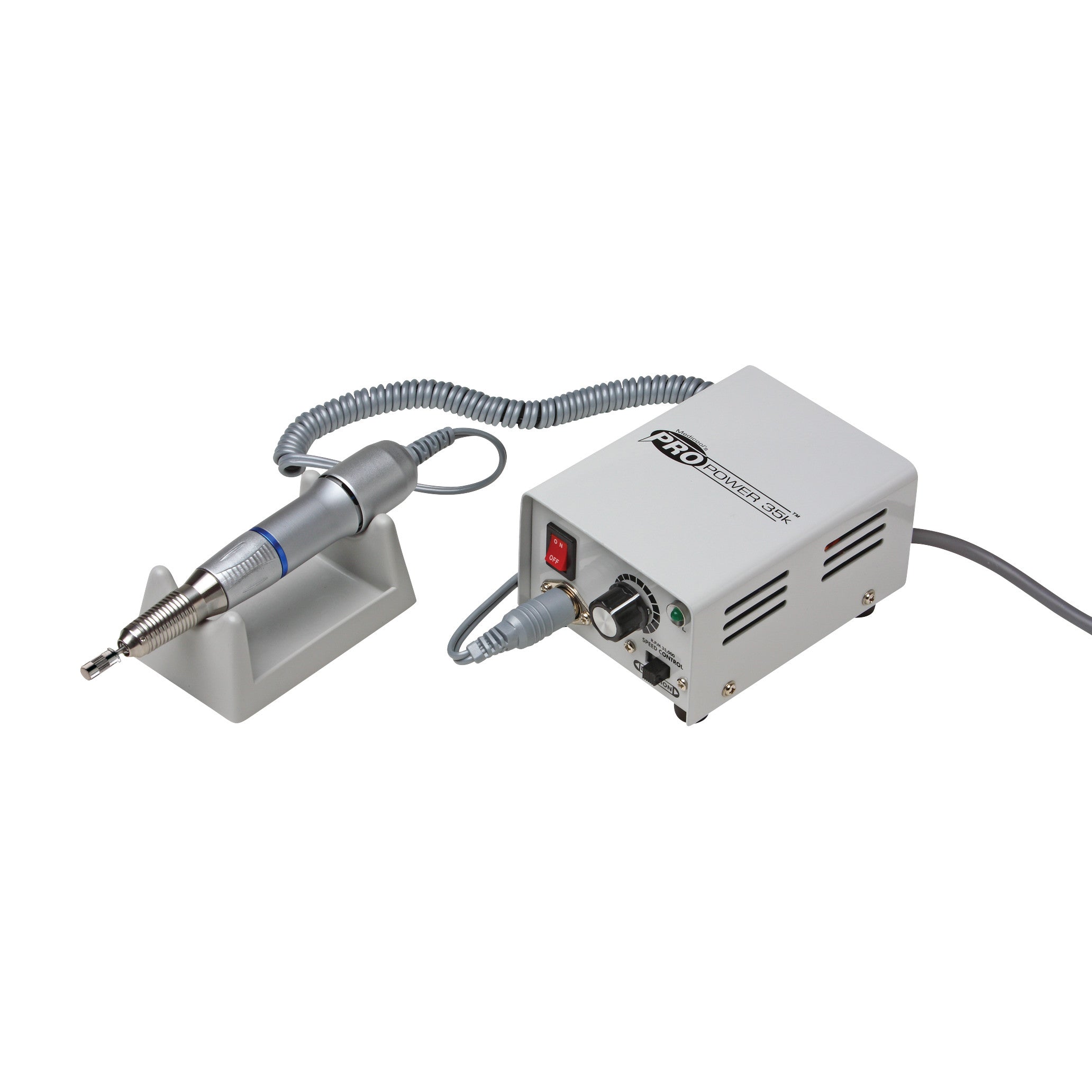 A Mandrel Shaft for Sanding Band for File Stream, Pro Power, and Pro Vac File Debriding Drills, with handpiece and control unit.