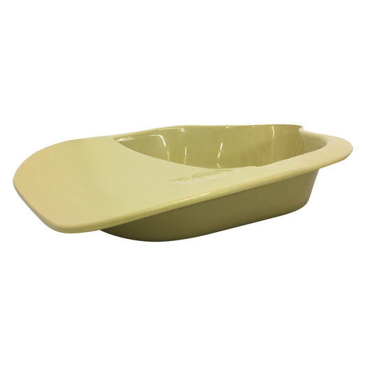The AliMed Fracture Bed Pan is a light yellow, shallow, plastic bedpan designed for patients with limited mobility.