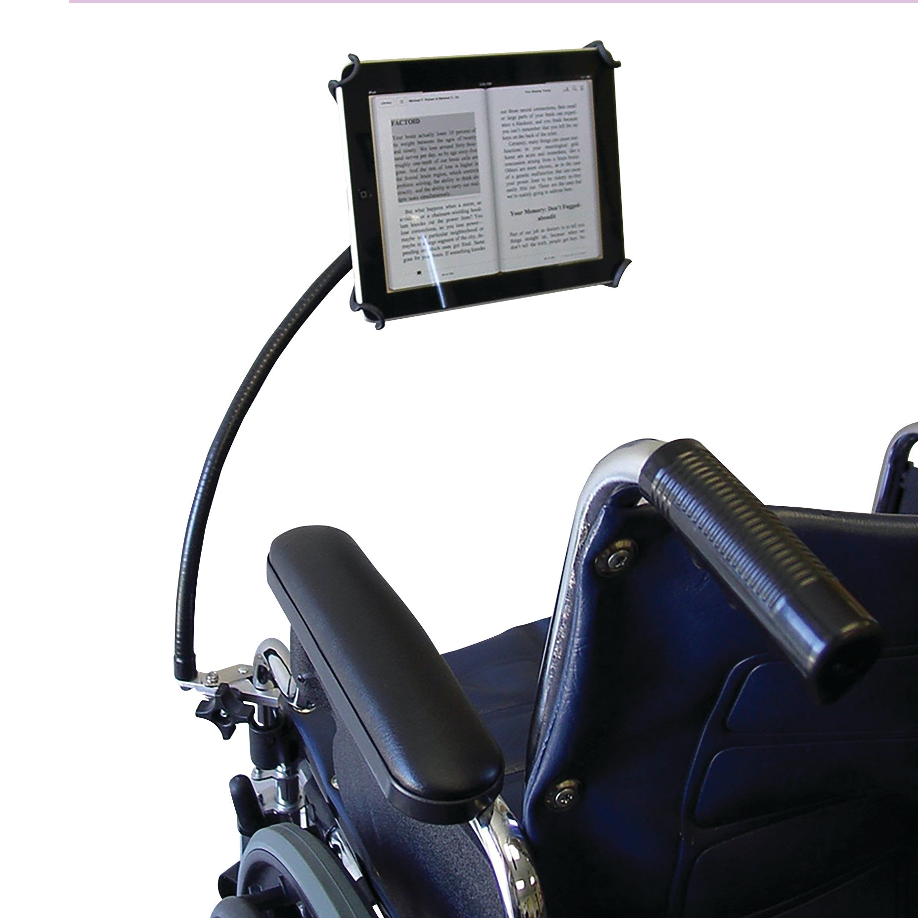 A wheelchair features a Tab Grabber holding a tablet for reading, mounted on a flexible arm near the armrest.