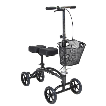 Drive Medical Steerable Knee Walker with a metal basket, four wheels, and a padded knee rest, designed for mobility.