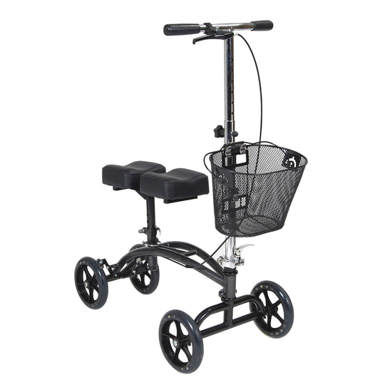 Drive Medical Steerable Knee Walker with a metal basket, four wheels, and a padded knee rest, designed for mobility.
