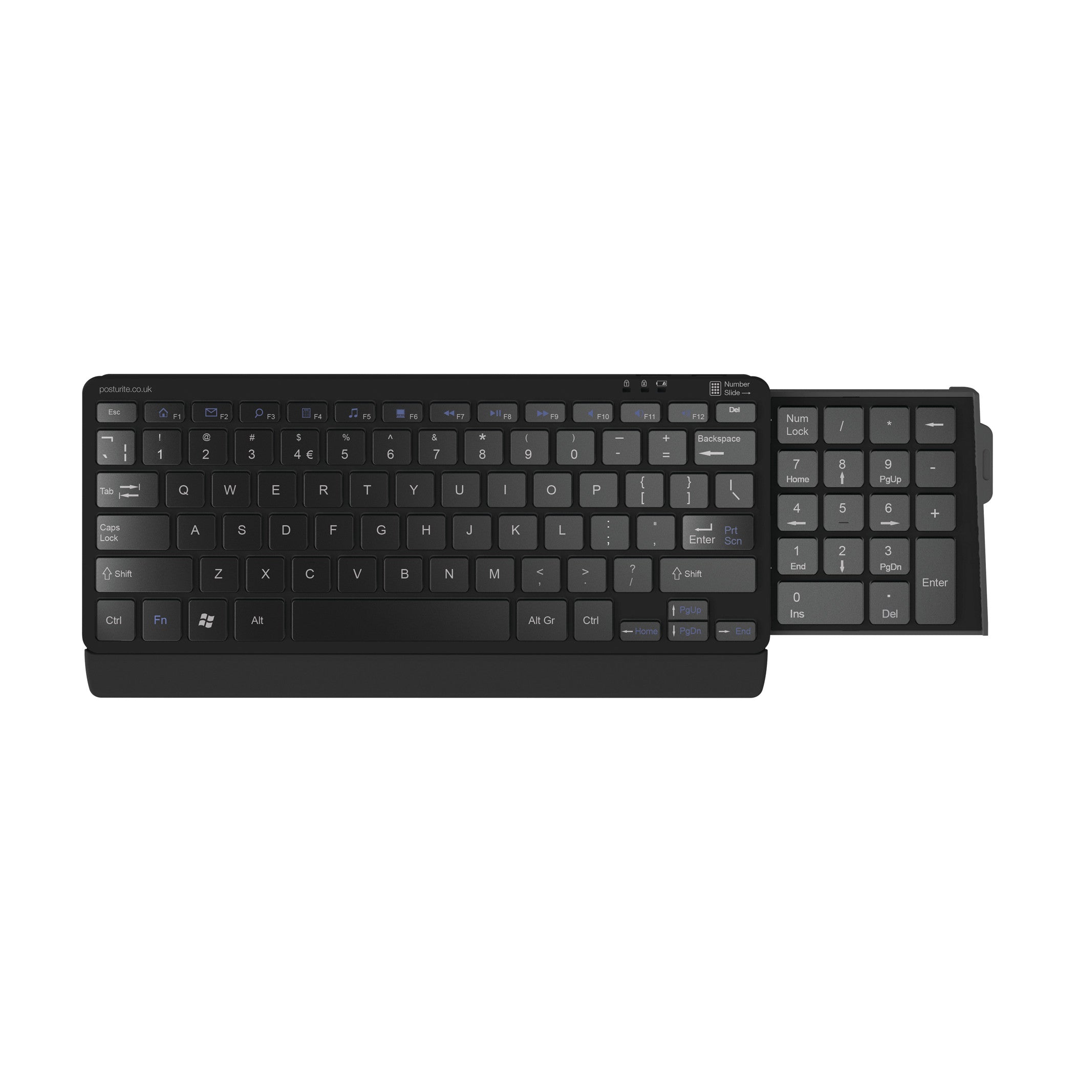 Posturite Compact Number Slide Bluetooth Keyboard featuring a slide-out numeric keypad, shown in a black, compact design.