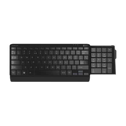 Posturite Compact Number Slide Bluetooth Keyboard featuring a slide-out numeric keypad, shown in a black, compact design.