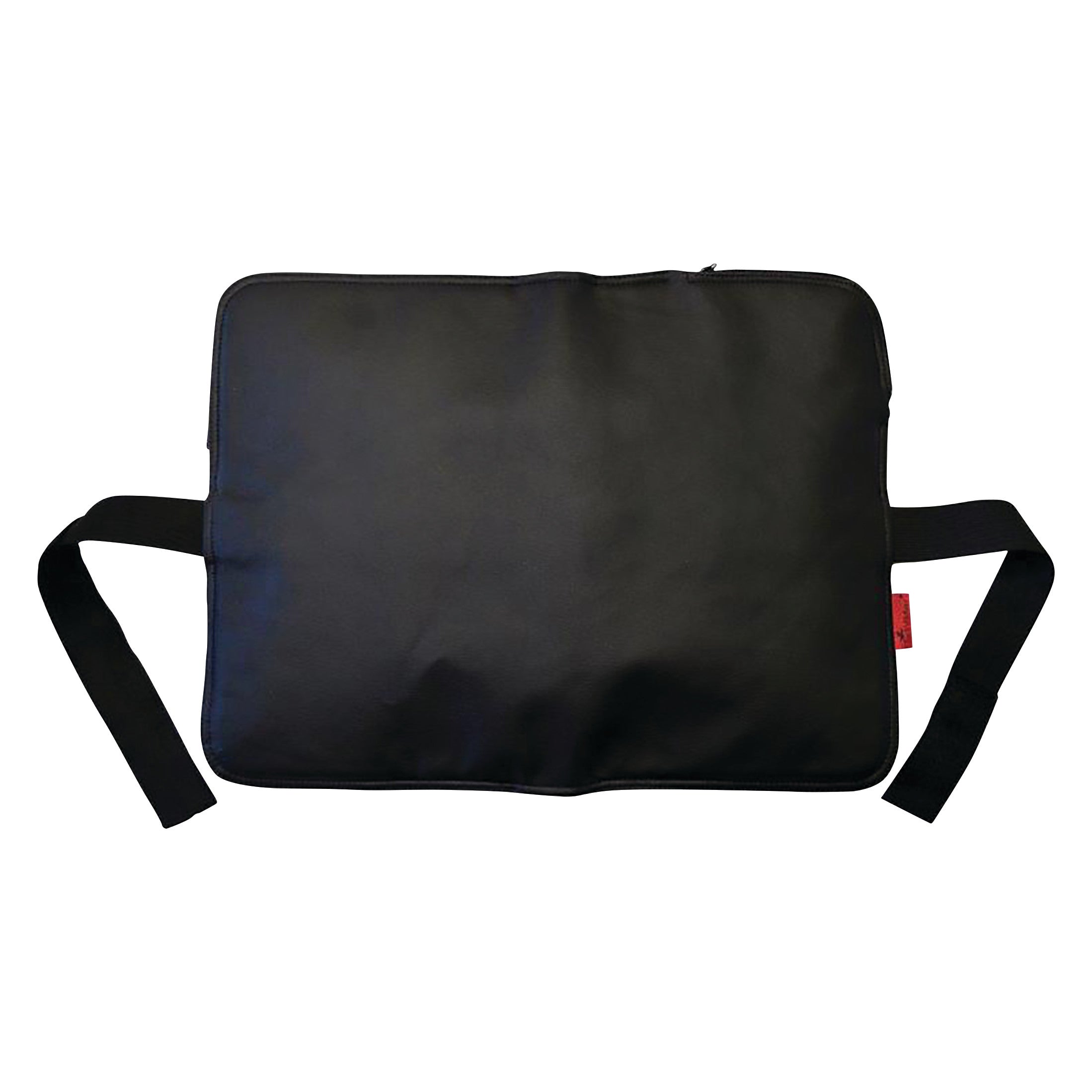 A black Back Vitalizer cushion with adjustable straps, designed for support and comfort, featuring a small red tag on the side.