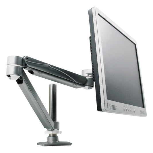 The VersaTech Monitor Arm supports a flat-screen monitor, displaying its flexibility and adjustable height positioning.