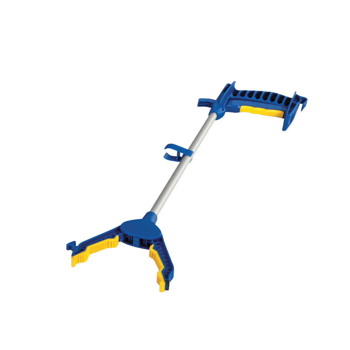 Blue and yellow AliMed Easy Grasp Reacher tool with ergonomic handle and claw-like grabbing mechanism on a white background.