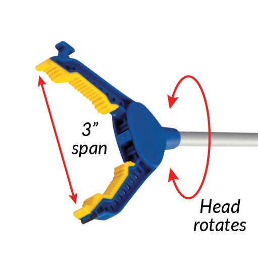 The AliMed Easy Grasp Reacher features a blue and yellow claw with a 3-inch span and a head that rotates for easier use.