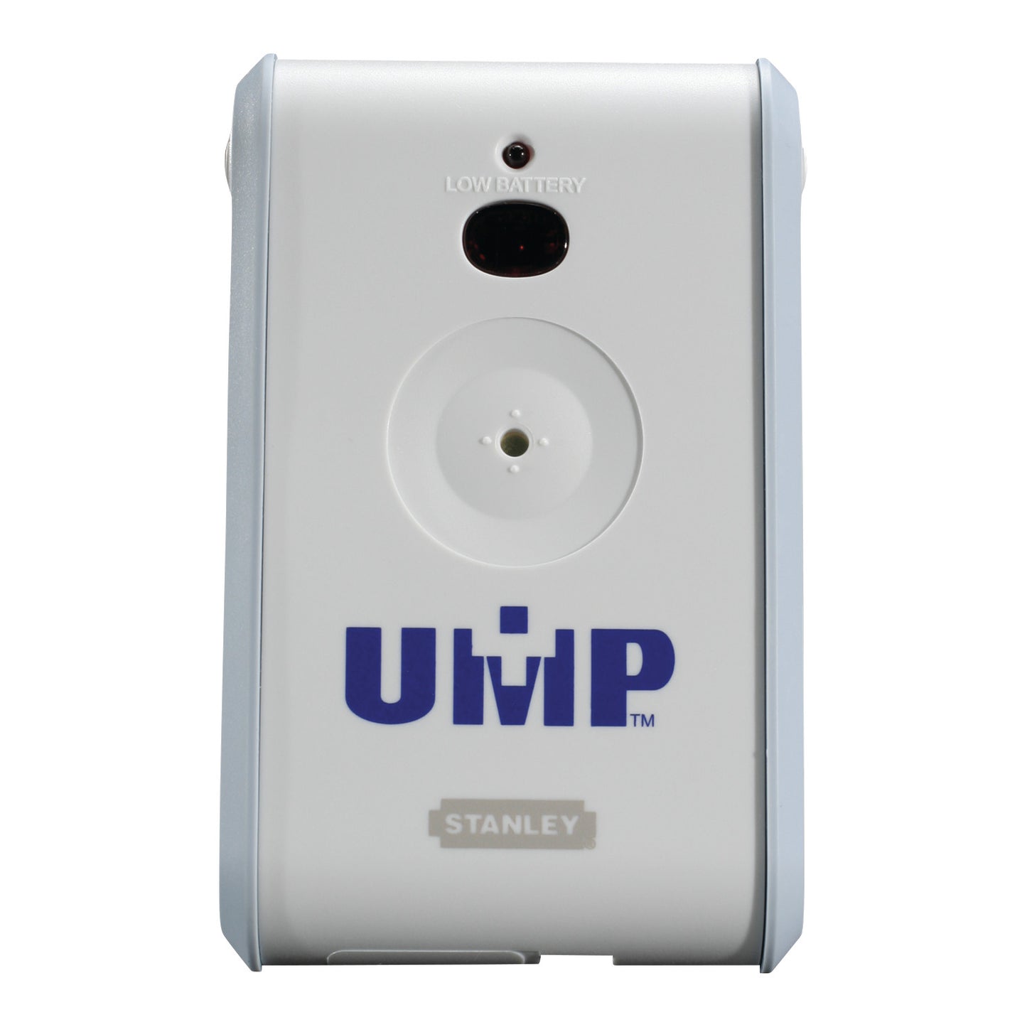 UMP Deluxe Bed Sentry Alarm in white, featuring a central button, LED indicator for low battery, and the label 'Stanley.'