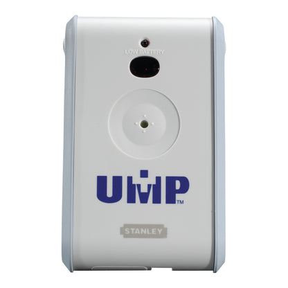 UMP Deluxe Bed Sentry Alarm in white, featuring a central button, LED indicator for low battery, and the label 'Stanley.'