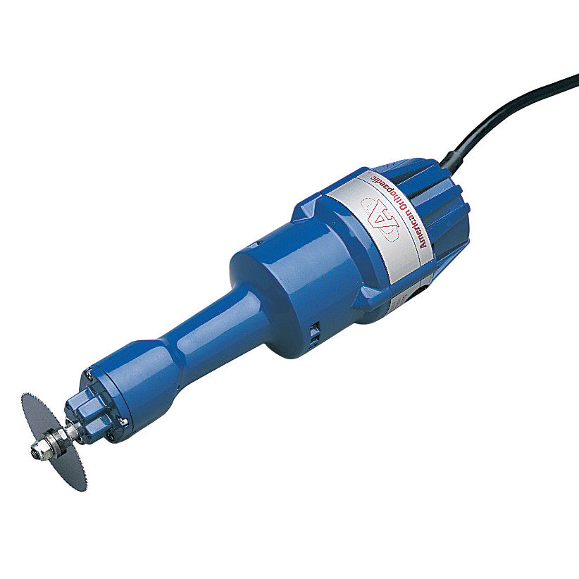 A blue Delta-Cast American Orthopedic Cast Cutter with an attached small circular cutting blade and a power cord.