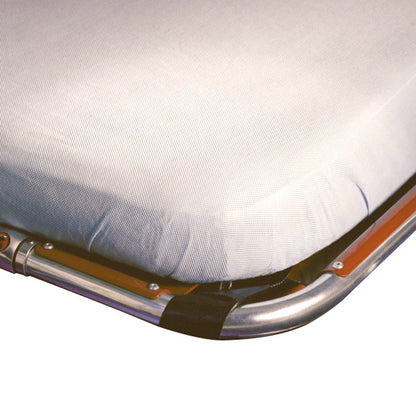 SnugFit Fitted EMS Sheet covering a mattress on a stretcher, secured with a metal frame and fastened with black straps.