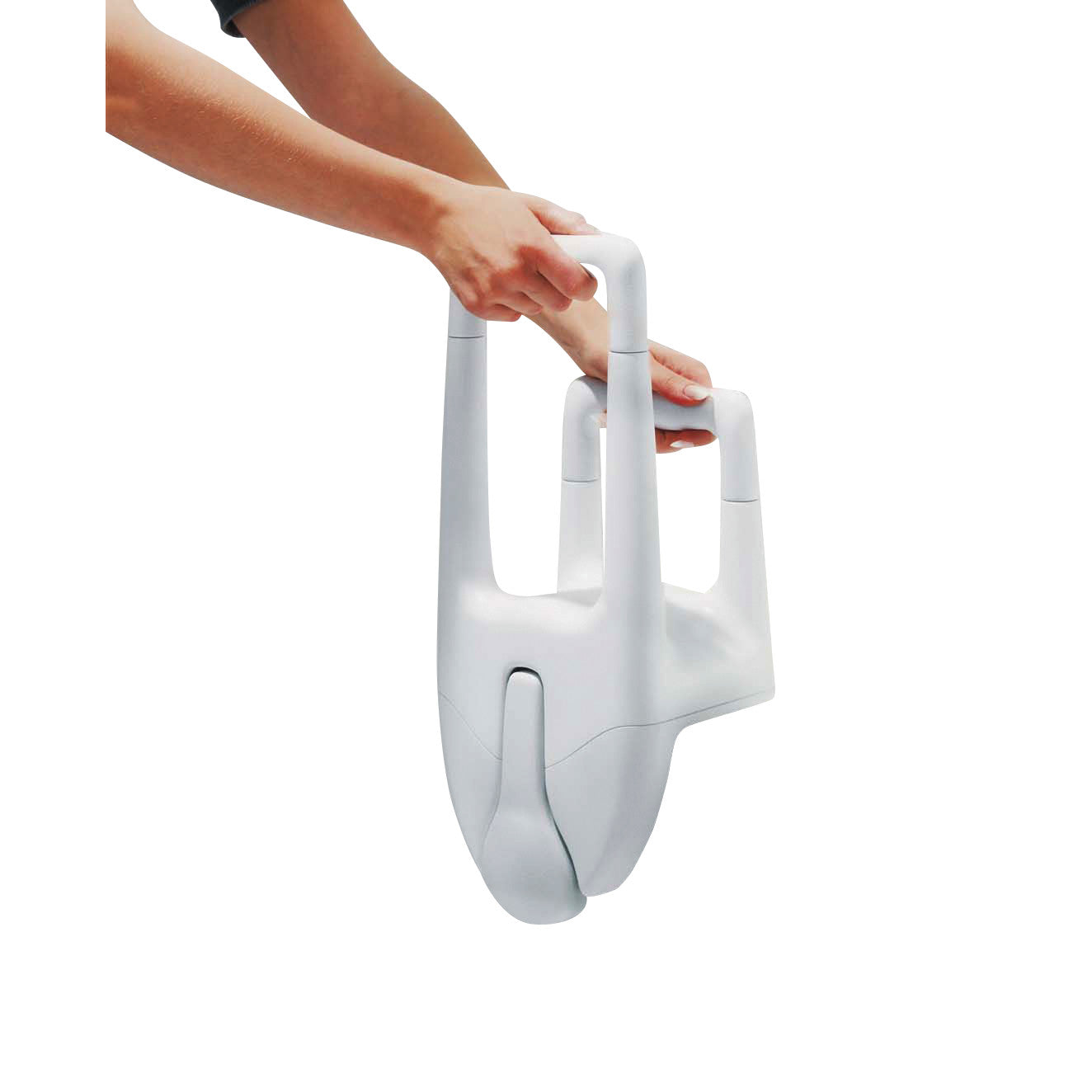A person adjusts the Moen Dual Tub Grip, a white, ergonomic support handle designed for easy gripping and stability in the bathroom.