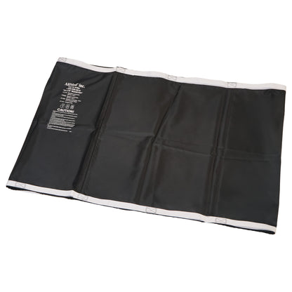 The image displays the AliMed No-Lift BOOSTER, a black mat with white edges, designed to aid in repositioning patients.