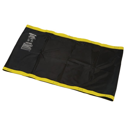 The image displays an AliMed No-Lift TURNER, a black mat with yellow edges and caution label, used for assisting with patient turning.