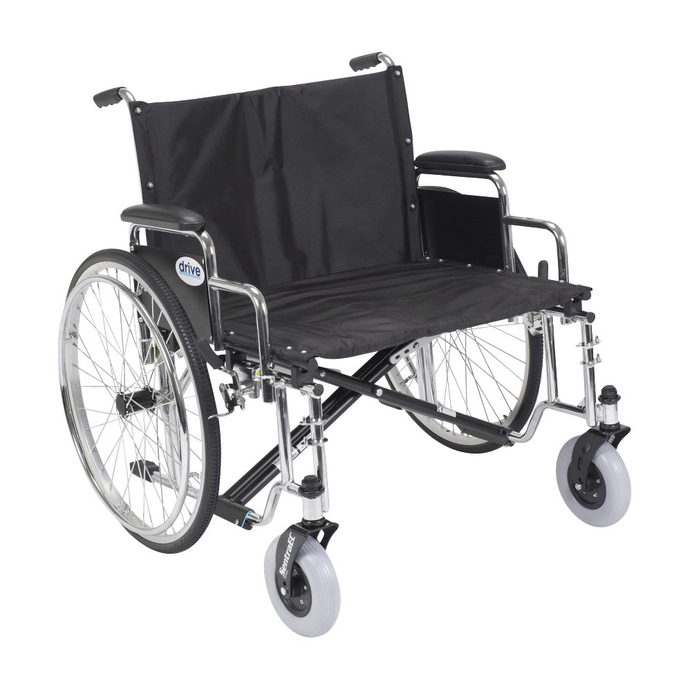 Drive Medical Sentra EC Heavy-Duty Extra-Wide Wheelchair with black seat, chrome frame, and large rear wheels.
