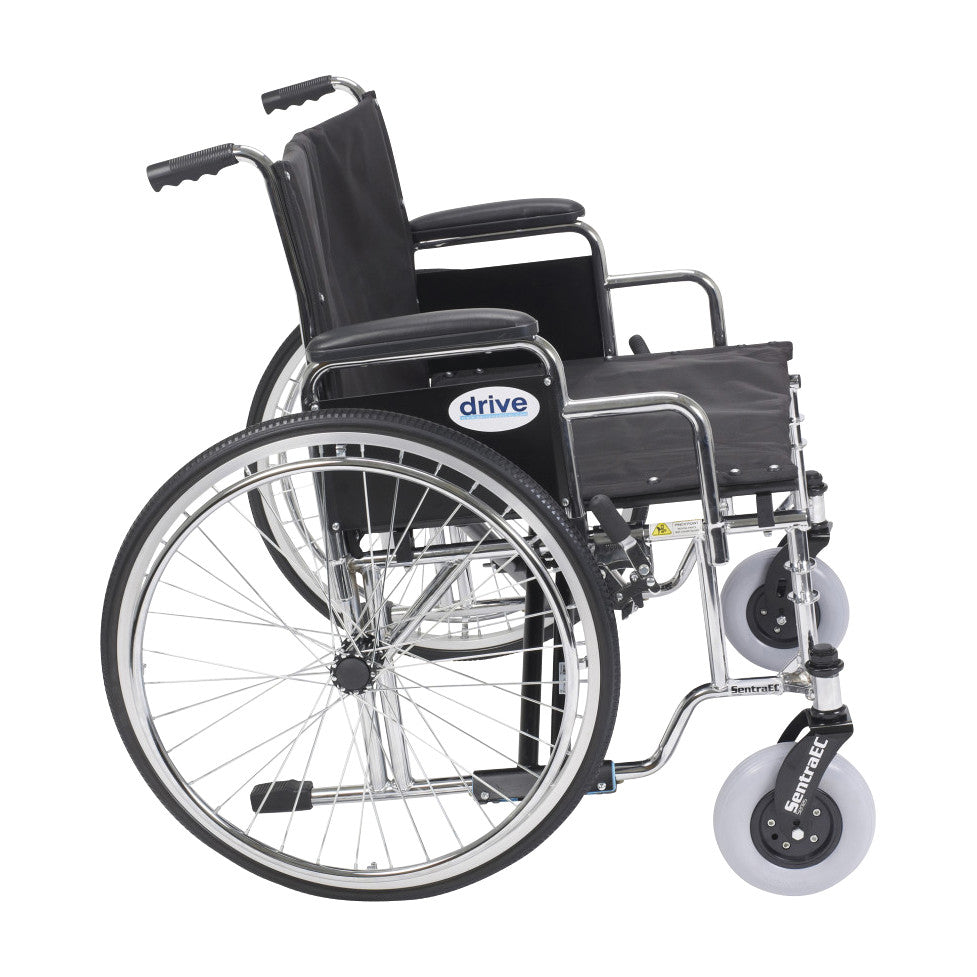 Side view of the Drive Medical Sentra EC Heavy-Duty Extra-Wide Wheelchair with large rear wheels and sturdy frame.