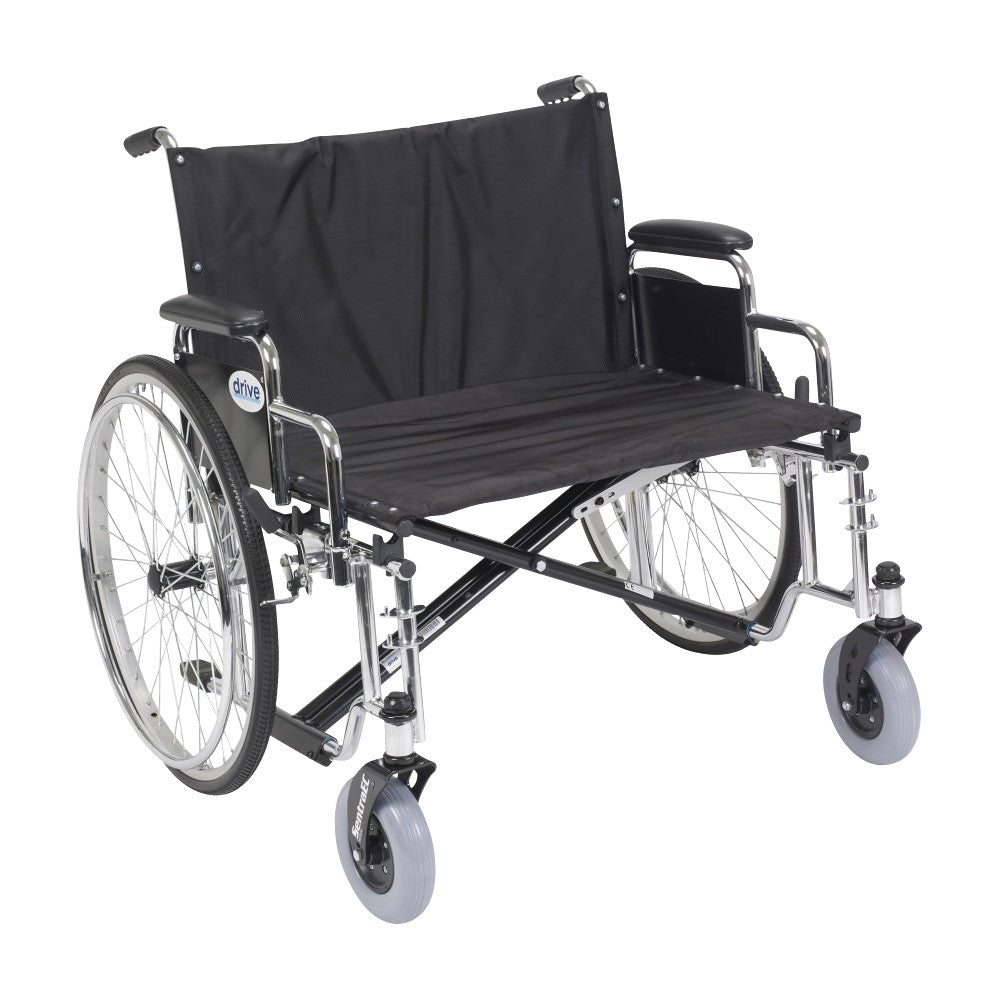 Drive Medical Sentra EC Heavy-Duty Extra-Wide Wheelchair features a black seat, armrests, large rear wheels, and front casters.