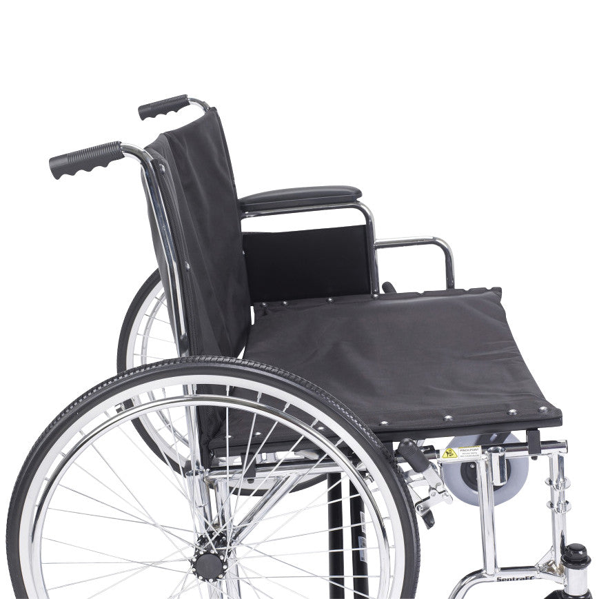 Drive Medical Sentra EC Heavy-Duty Extra-Wide Wheelchair featuring a black seat, armrests, and large rear wheels.