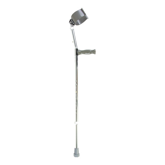 Drive Medical Deluxe Steel Forearm Crutch with a grey cuff and handle, adjustable height, and a rubber tip at the base.