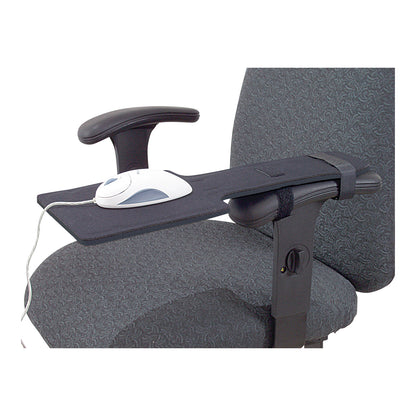 An AliMed Armrest Mouser attached to a chair's armrest holds a computer mouse, providing ergonomic support.