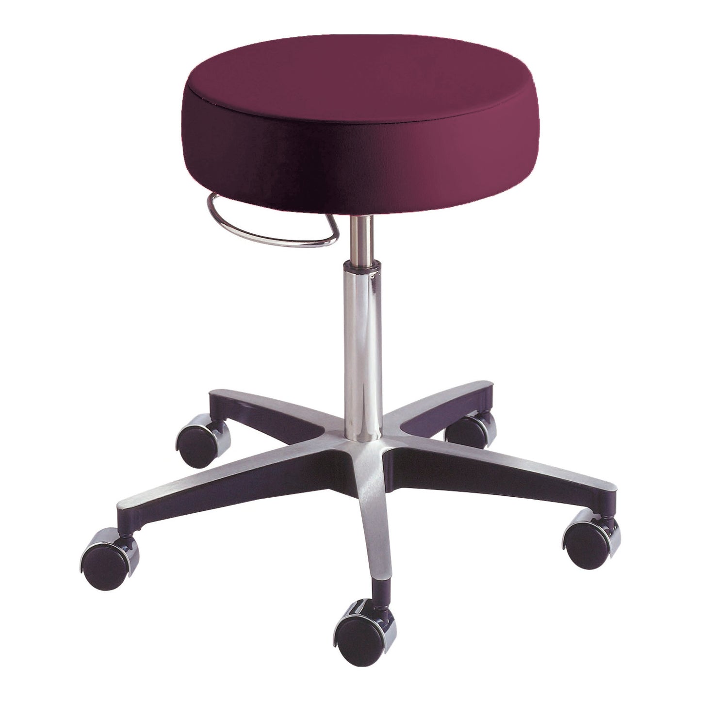 AliMed Deluxe Pneumatic Stool with a burgundy round seat, adjustable height, and a chrome base with five caster wheels.