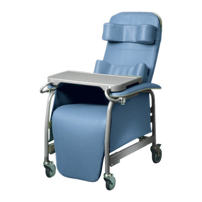 Lumex Preferred Care Recliner in blue with a padded seat, adjustable tray table, and four wheels for mobility.