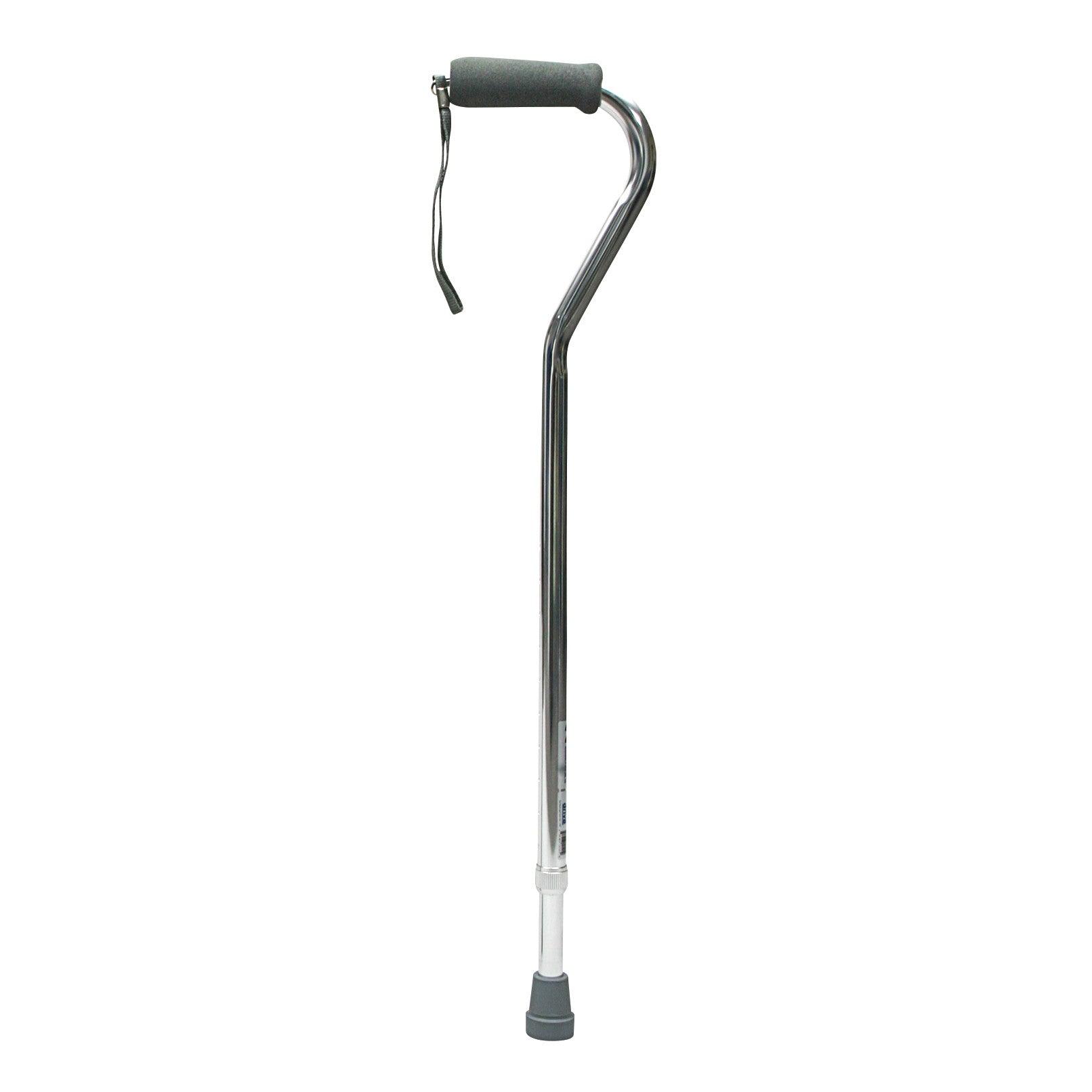 The AliMed Adjustable Offset Cane has a silver shaft, a gray curved handle with a wrist strap, and a gray rubber tip for stability.