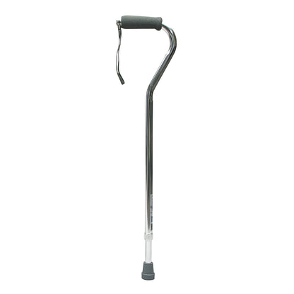 The AliMed Adjustable Offset Cane has a silver shaft, a gray curved handle with a wrist strap, and a gray rubber tip for stability.