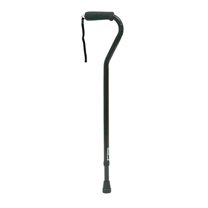 Adjustable Offset Cane is a black mobility aid with a foam handle and wrist strap, designed with an angled shaft for support.