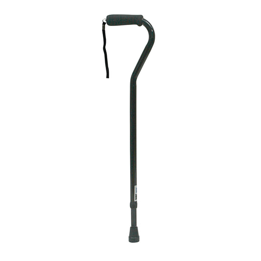 Adjustable Offset Cane is a black mobility aid with a foam handle and wrist strap, designed with an angled shaft for support.