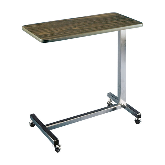 AliMed Overbed Table with a wood-grain top, height-adjustable metal frame, and four casters for easy mobility.
