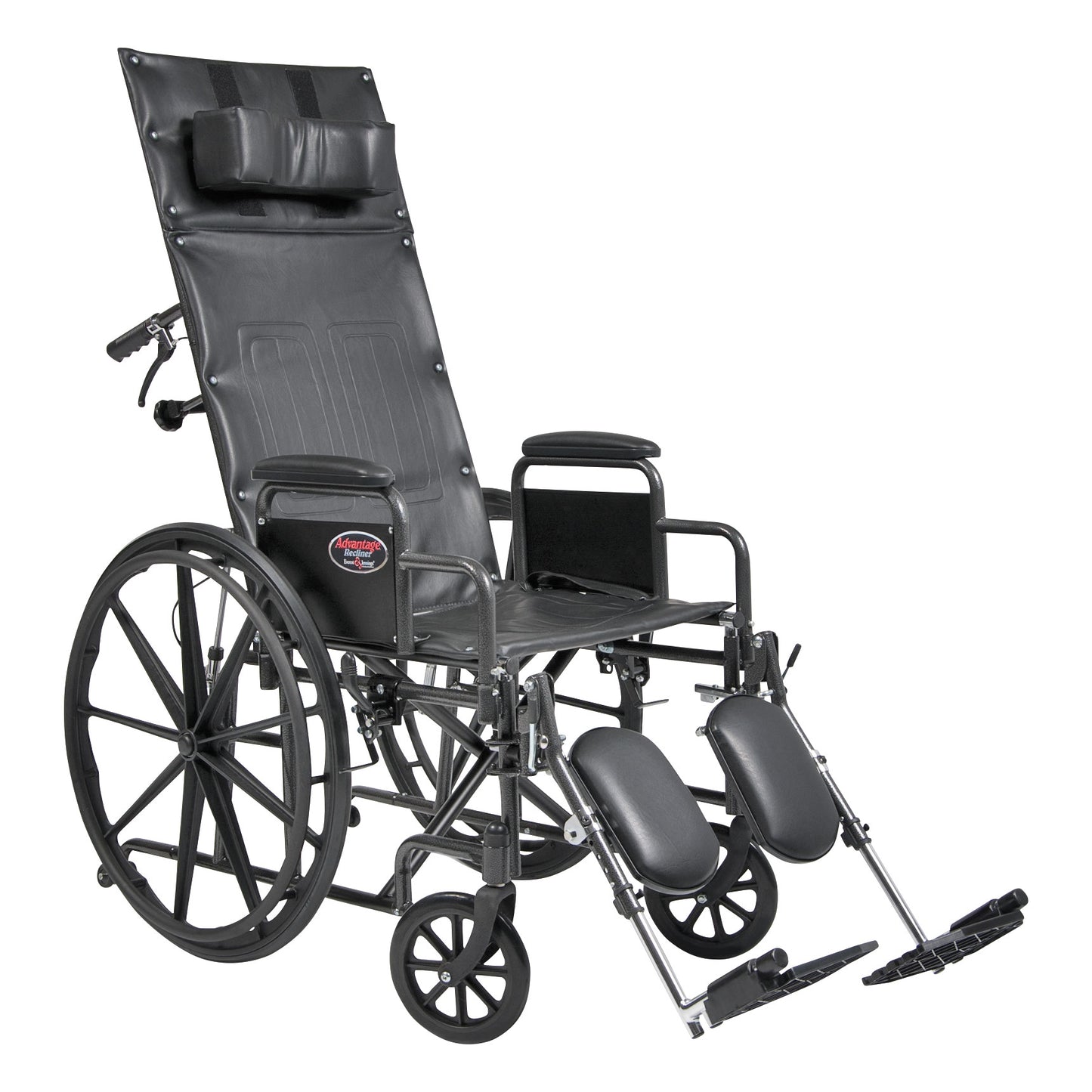 Everest & Jennings Advantage Recliner Wheelchair with an adjustable backrest, leg supports, and padded headrest, designed for comfort.