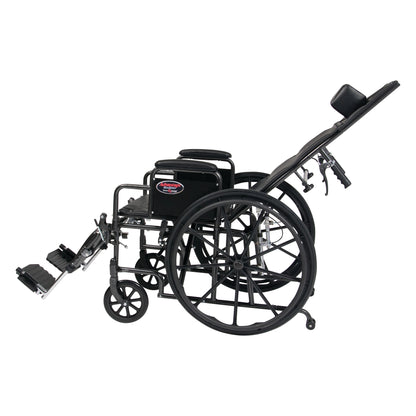 The Everest & Jennings Advantage Recliner Wheelchair is shown in a reclined position with large rear wheels and a headrest.