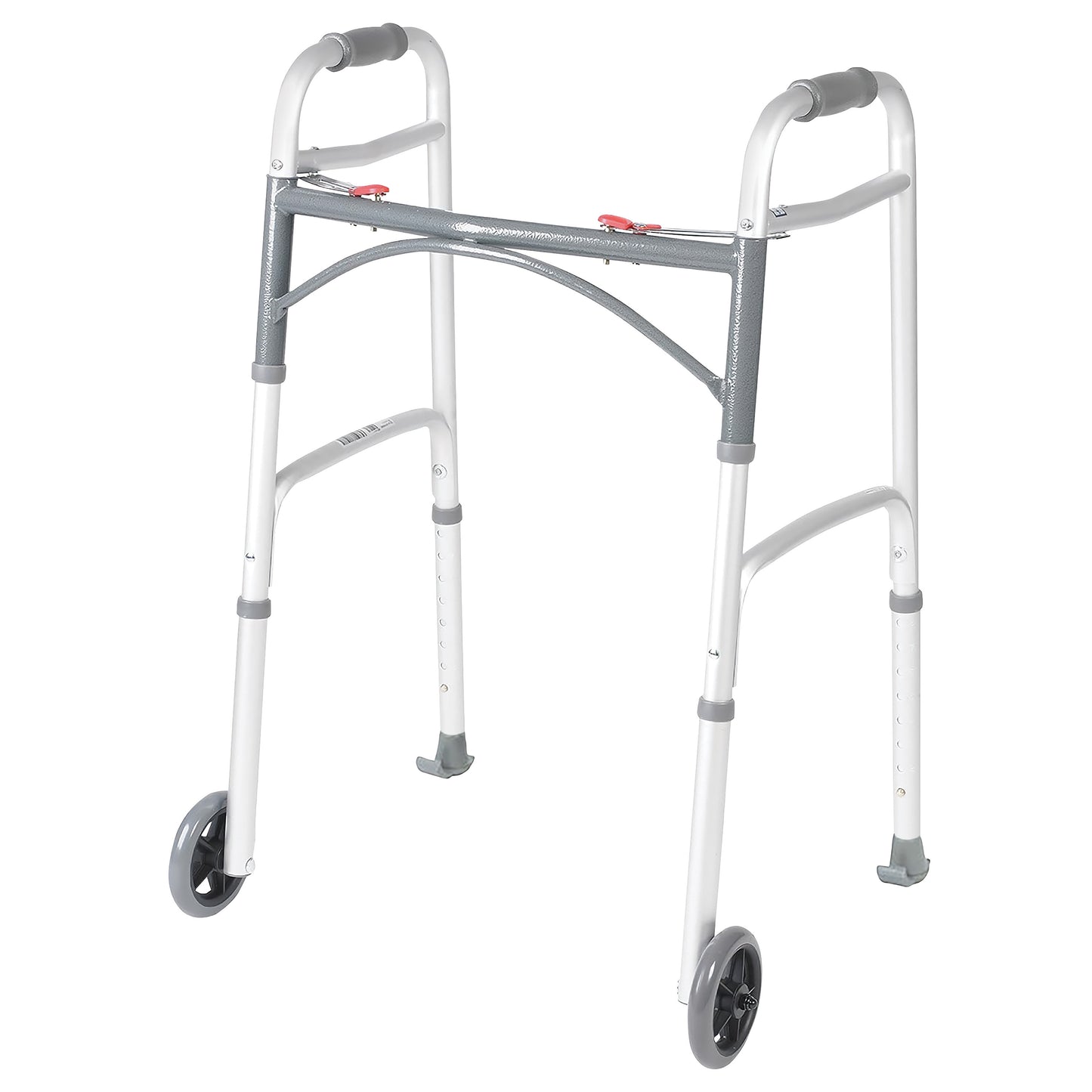 Drive Medical Deluxe Folding Walker with grey handles, two front wheels, and adjustable height, designed for mobility assistance.