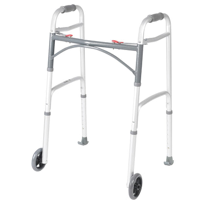 Drive Medical Deluxe Folding Walker with grey handles, two front wheels, and adjustable height, designed for mobility assistance.