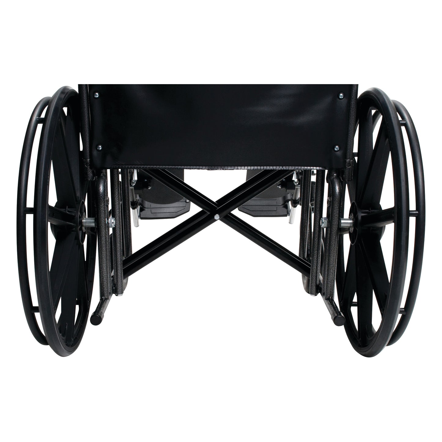 Everest & Jennings Traveler HD Wheelchair with Removable Desk Arms and Swing-Away Footrests shown from the back with black wheels.
