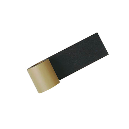 A roll of black Anti-Slip Adhesive Tape with a tan backing, partially unrolled and lying diagonally against a white background.