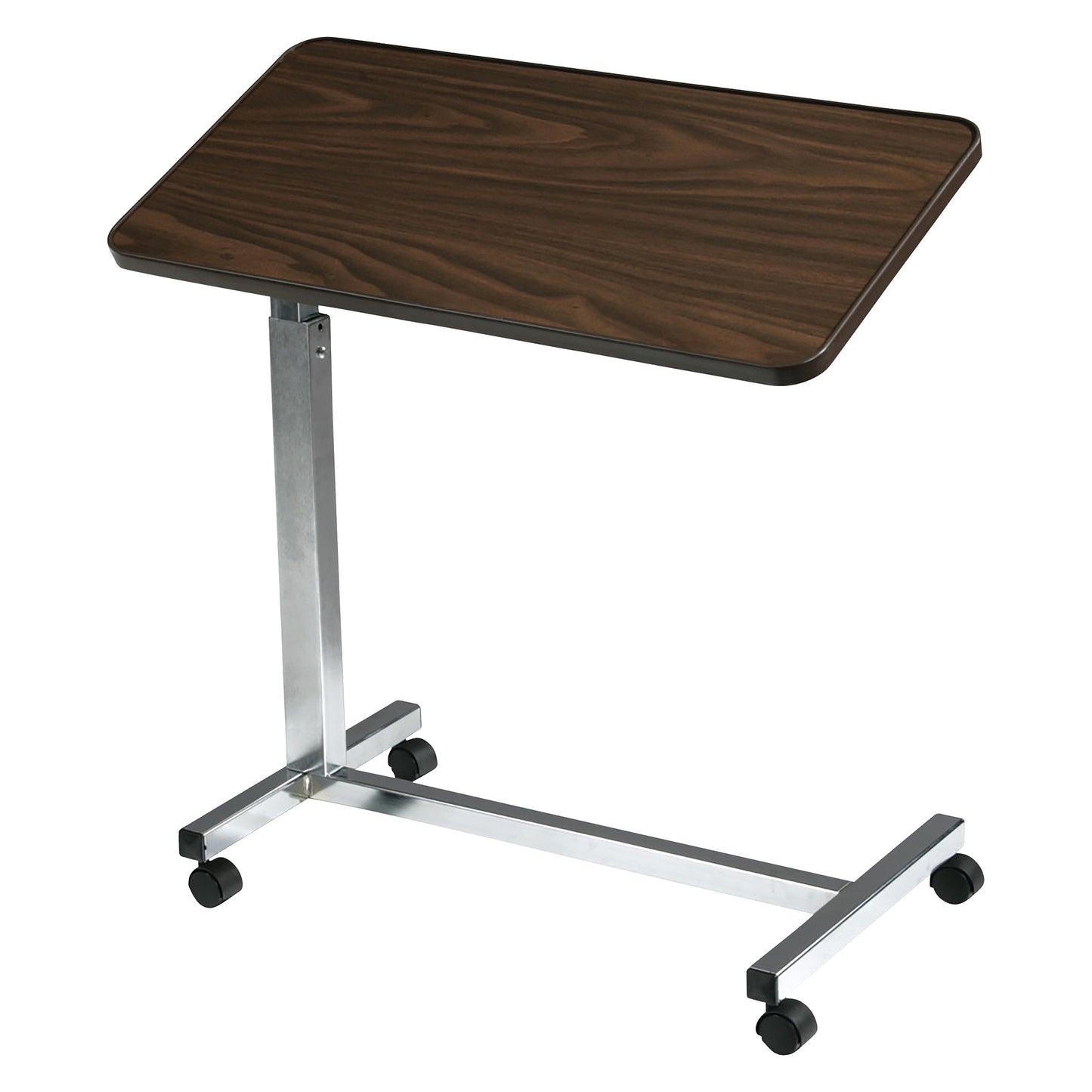 Drive Medical Tilt-Top Overbed Table with a walnut finish, silver frame, and four wheels for mobility.
