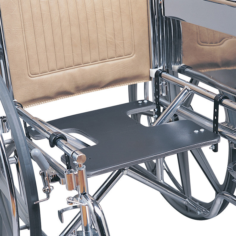 SkiL-Care Adjustable J-Hook Drop Seat on a wheelchair, featuring a black seat with silver hooks and beige padded backrest.