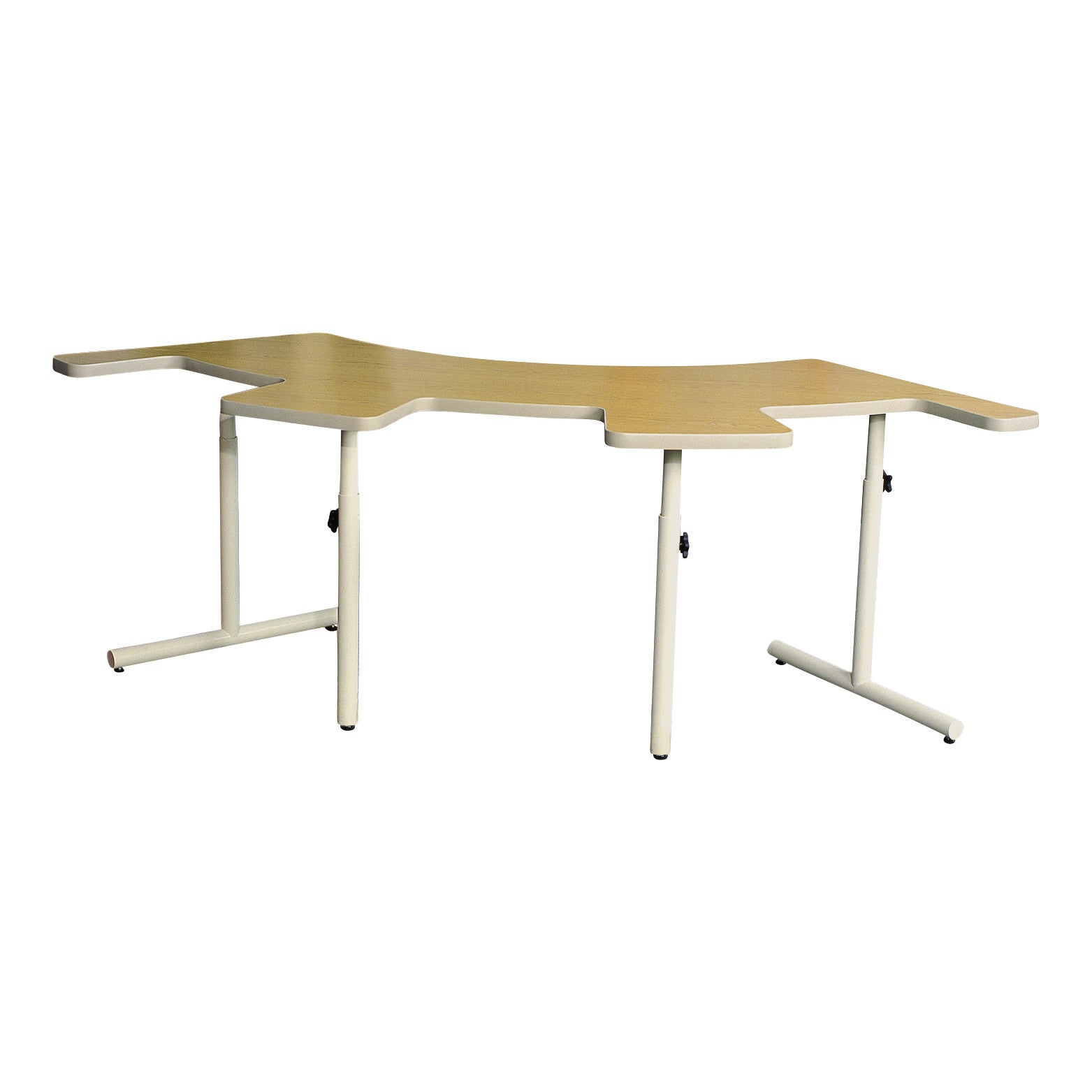 The AliMed Adjustable Therashape Table with Comfort Curves features a uniquely shaped wooden top and white metal legs.