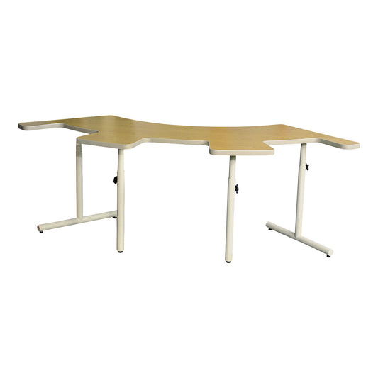 The AliMed Adjustable Therashape Table with Comfort Curves features a uniquely shaped wooden top and white metal legs.