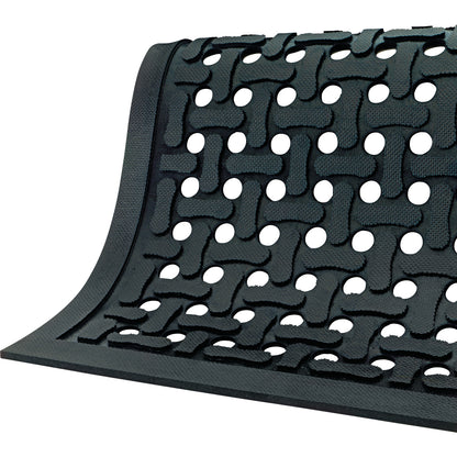 The Comfort Flow Anti-Fatigue Mat is black with a textured surface and waffle pattern featuring circular perforations.