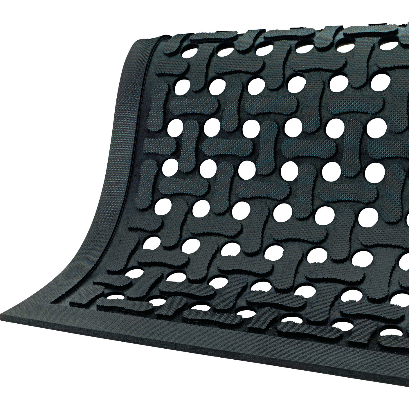 The Comfort Flow Anti-Fatigue Mat features a black lattice design with circular holes, providing cushioning and slip resistance.
